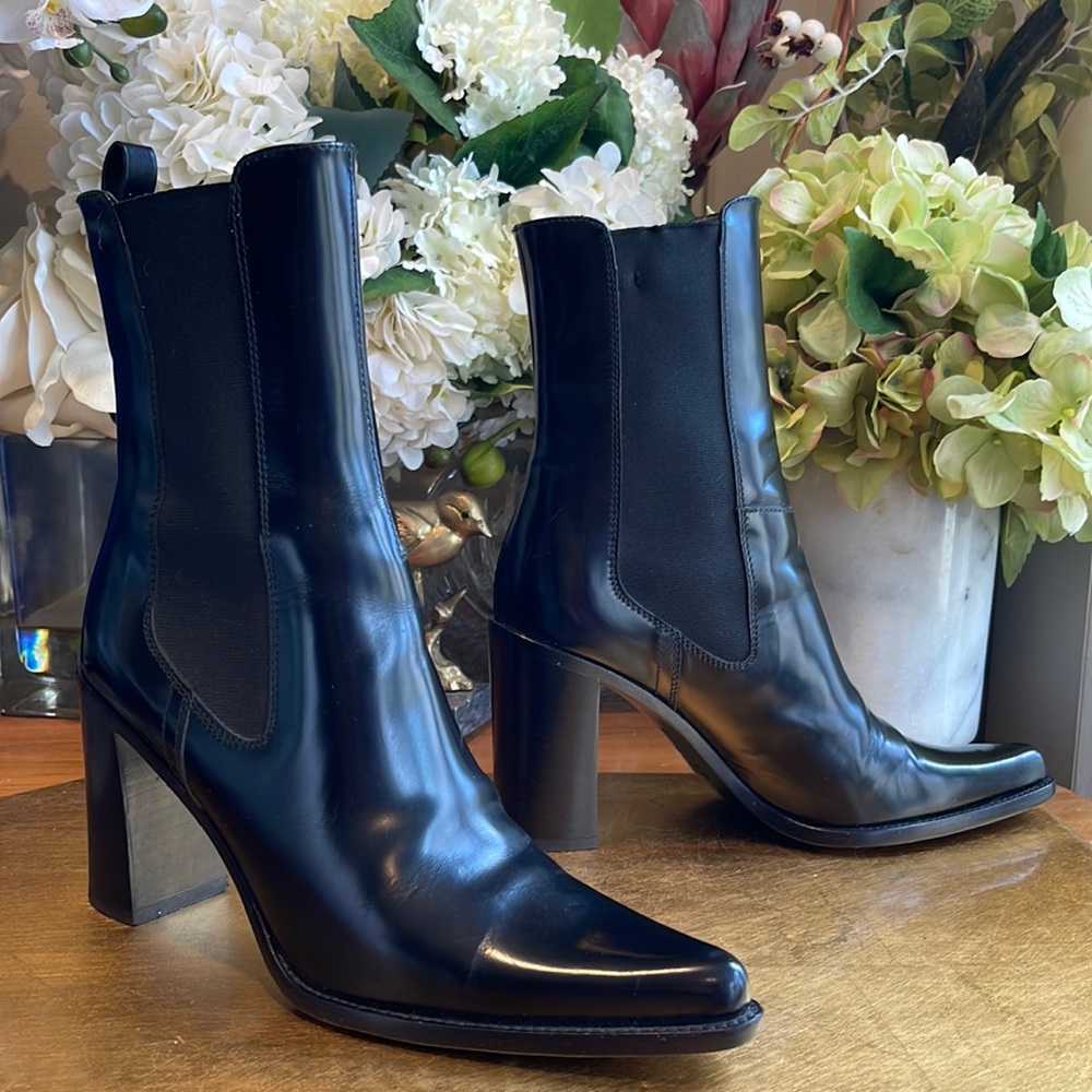 Miu Miu Block Heel Booties in Black Patent Leather